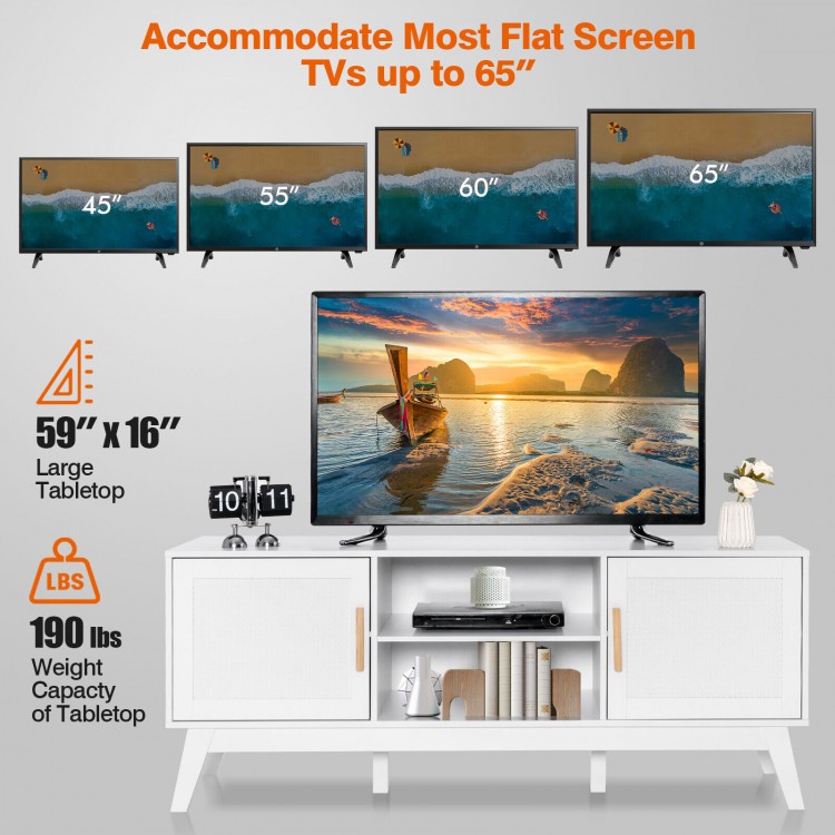 Mid-century modern TV stand in white with rattan cabinets, supporting TVs up to 65 inches for stylish entertainment.